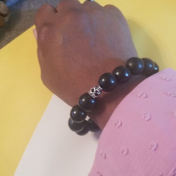 Mens Black Wooden Beaded Expansion Bracelet W/Silverplated Skull New Custom Made - Picture 5 of 5